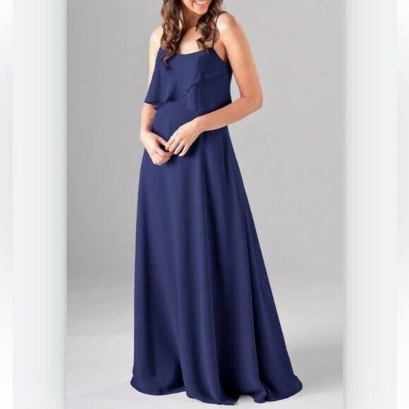 Jenny Yoo Navy Drape Spaghetti Strap Chiffon Bridesmaid Dress Size 4 - Picture 1 of 16